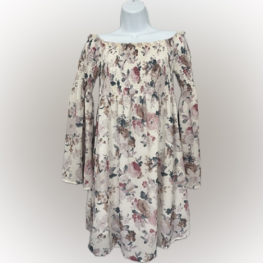 Off The Shoulder Dress Floral Long Sleeve Knee Length Lined Lg